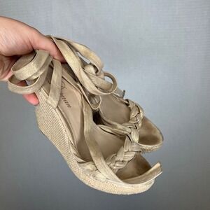 Delman Womens Gold Metallic Braided Espadrille Wedge Ankle Tie Sandals Size 6.5M